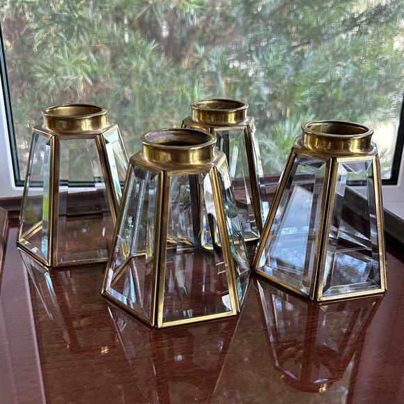 Set of 4 Faceted Glass & Brass Lamp Shades – 2” Fitter, 6-Panel Design - Picture 3 of 12
